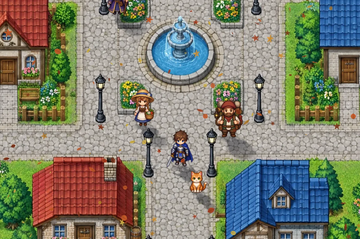 Result: a town at dusk with falling leaves, walking characters and shadows